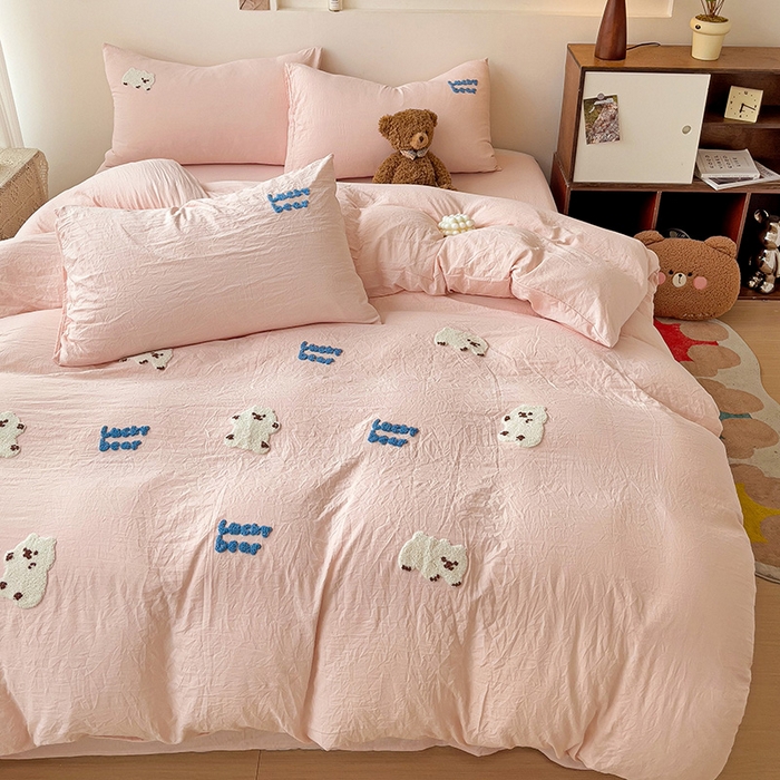 91家纺网 家纺一手货源 找家纺 韩巢家纺 2024新款四季通用超柔水洗棉毛巾绣单件被套-小白熊系列（提供卖家秀 ） 小白熊 浅粉