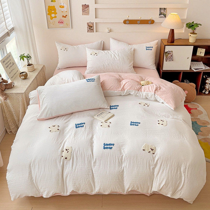 91家纺网 家纺一手货源 找家纺 韩巢家纺 2024新款四季通用超柔水洗棉毛巾绣单件被套-小白熊系列（提供卖家秀 ） 小白熊 白浅粉