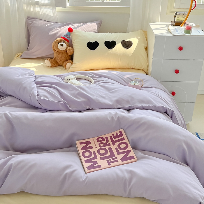 91家纺网 家纺一手货源 找家纺 眠帛家居 2024新款A类奶油风小清新毛巾绣暖心系列水洗棉床上用品三件套四件套 暖心-香芋紫