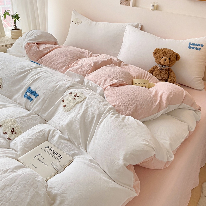 91家纺网 家纺一手货源 找家纺 韩巢家纺 2024新款四季通用超柔水洗棉毛巾绣单件被套-小白熊系列（提供卖家秀 ） 小白熊 白浅粉