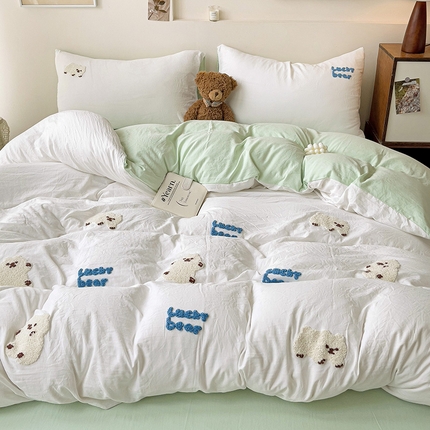 韩巢家纺 2024新款四季通用超柔水洗棉毛巾绣四件套-小白熊系列（提供卖家秀） 小白熊 白绿