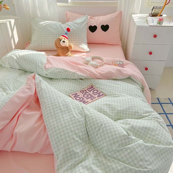 91家纺网 家纺一手货源 找家纺 眠帛家居 2024新款A类奶油风小清新毛巾绣暖心系列水洗棉床上用品三件套四件套 暖心-清新绿格