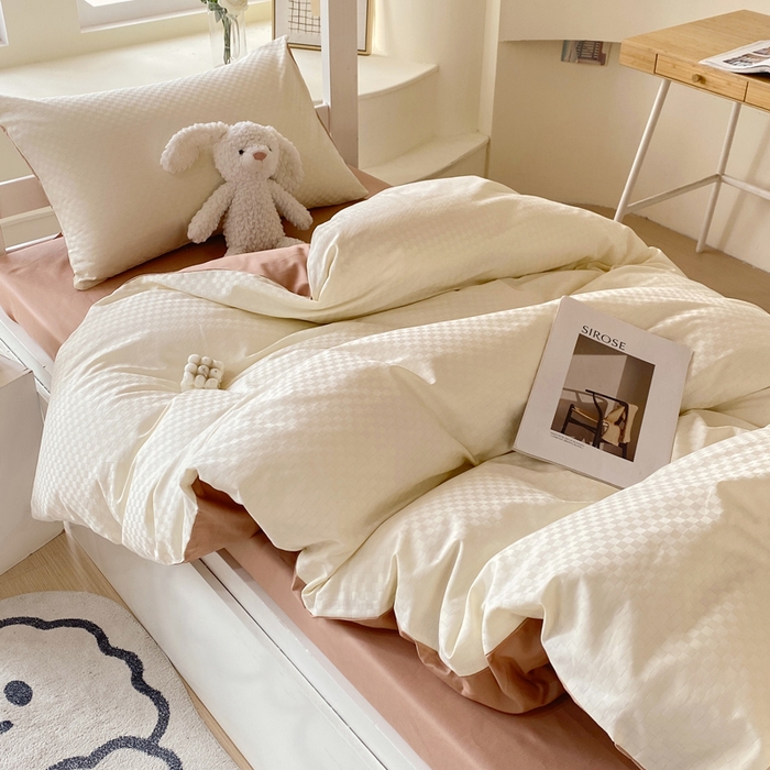 91家纺网 家纺一手货源 找家纺 金鑫汇家纺 2024新款A类长绒棉提花学生套件 奶昔白+咖