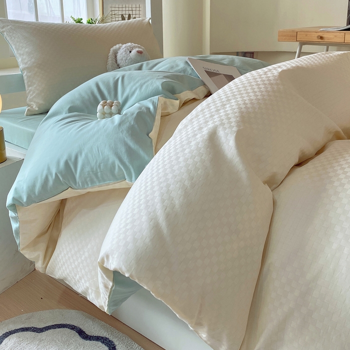 91家纺网 家纺一手货源 找家纺 金鑫汇家纺 2024新款A类长绒棉提花学生套件 奶昔白+水绿