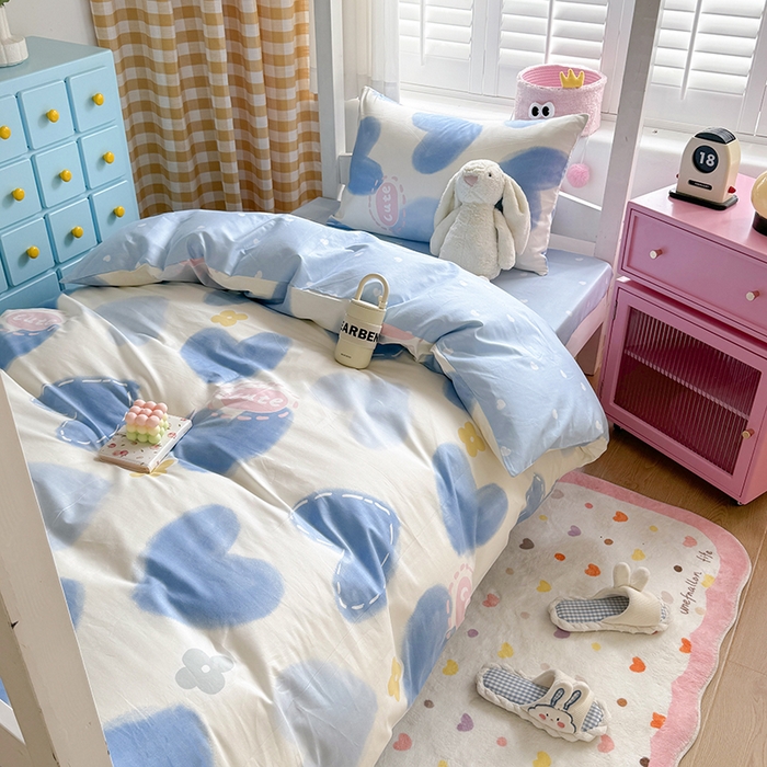 91家纺网 家纺一手货源 找家纺 富瑞阁2024新款13070学生宿舍全棉三件套 爱心蓝