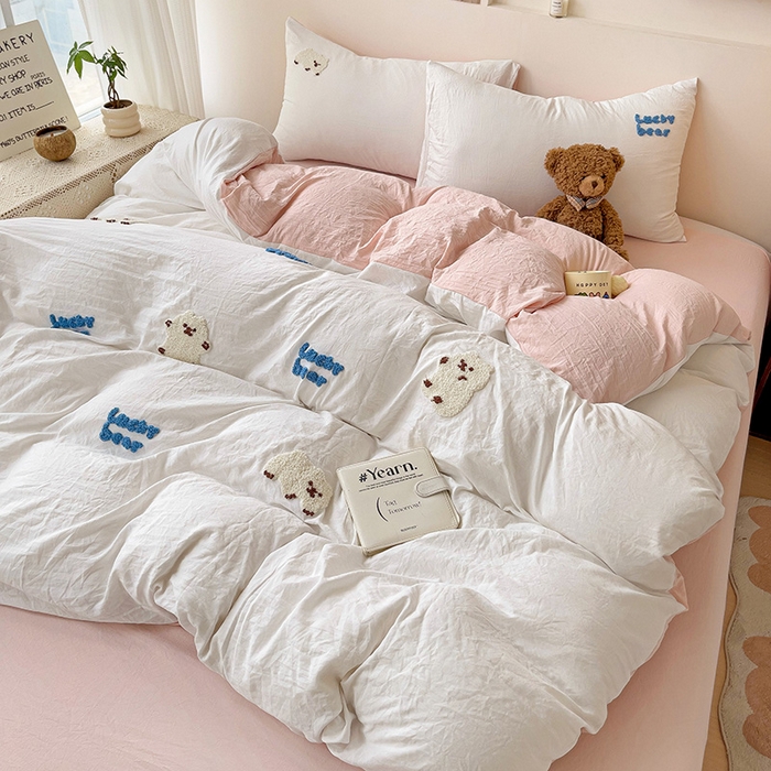 91家纺网 家纺一手货源 找家纺 韩巢家纺 2024新款四季通用超柔水洗棉毛巾绣单件被套-小白熊系列（提供卖家秀 ） 小白熊 白浅粉