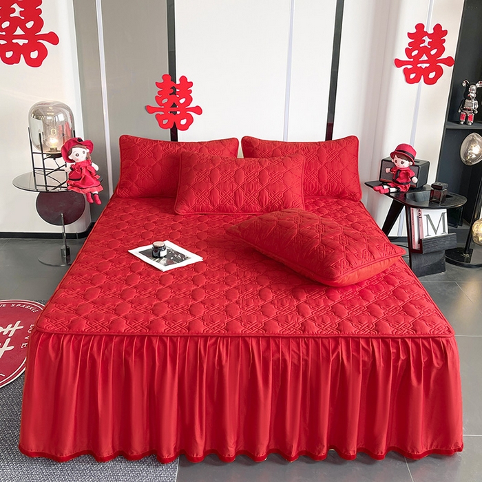 91家纺网 家纺一手货源 找家纺 3C 2024新款A类喜嫁全棉大豆床裙系列 喜结连理