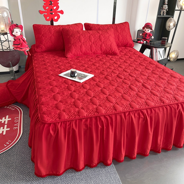 91家纺网 家纺一手货源 找家纺 3C 2024新款A类喜嫁全棉大豆床裙系列 喜结连理