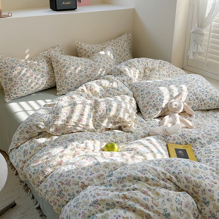 91家纺网 家纺一手货源 找家纺 萝莉家纺 2025新款全棉双层皱皱纱四件套（第三批） 花园鹿