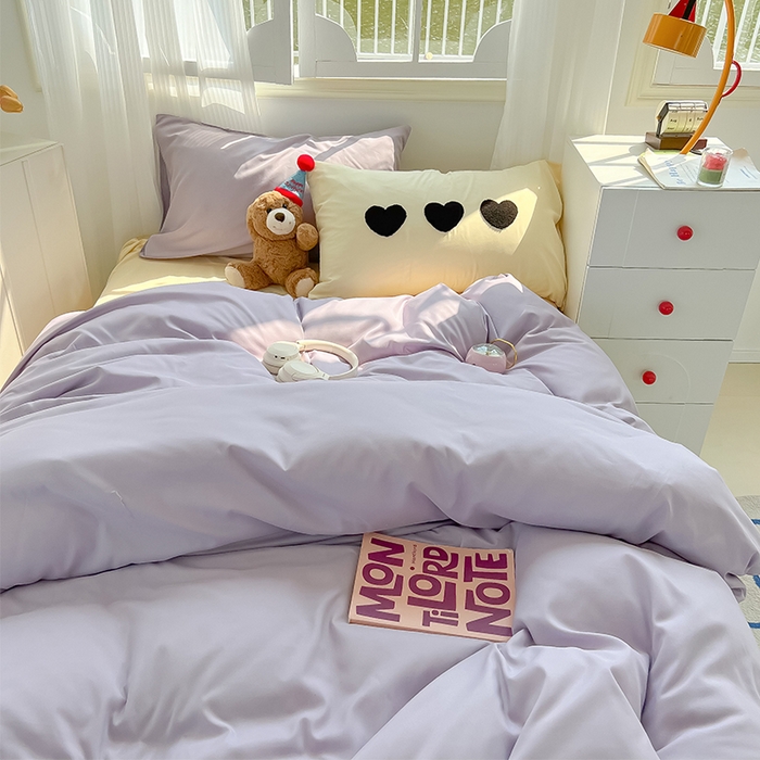 91家纺网 家纺一手货源 找家纺 眠帛家居 2024新款A类奶油风小清新毛巾绣暖心系列水洗棉床上用品三件套四件套 暖心-香芋紫