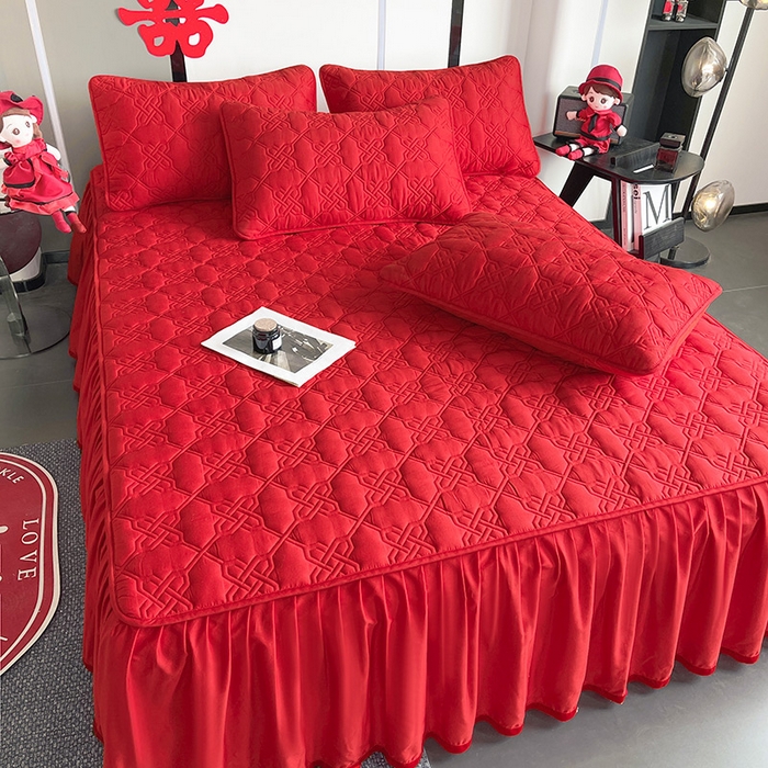 91家纺网 家纺一手货源 找家纺 3C 2024新款A类喜嫁全棉大豆床裙系列 喜结连理