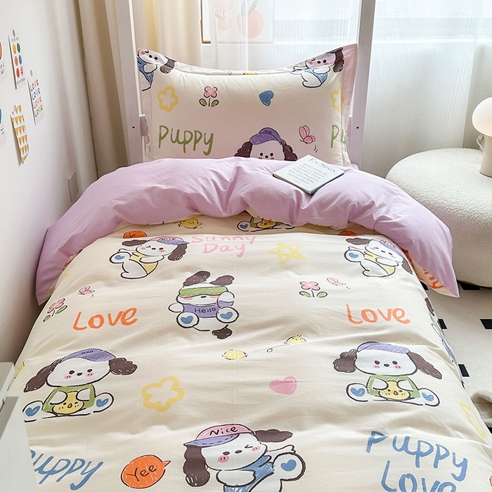 91家纺网 家纺一手货源 找家纺 金鑫汇家纺 2024新款全棉宿舍印花三件套第一批 狗狗乐园