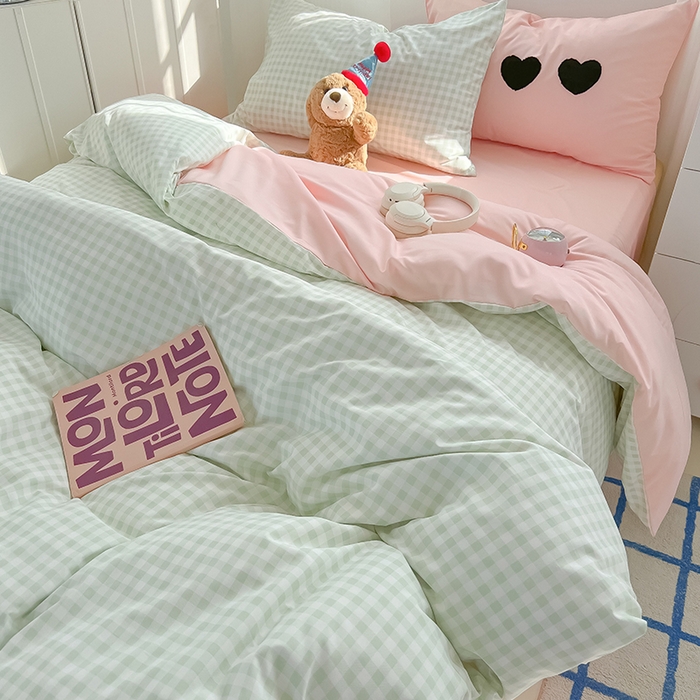 91家纺网 家纺一手货源 找家纺 眠帛家居 2024新款A类奶油风小清新毛巾绣暖心系列水洗棉床上用品三件套四件套 暖心-清新绿格