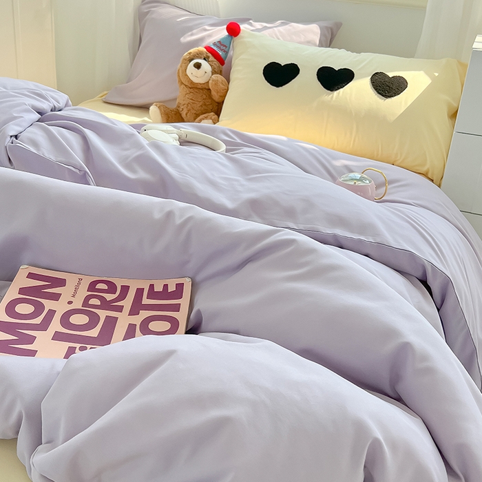 91家纺网 家纺一手货源 找家纺 眠帛家居 2024新款A类奶油风小清新毛巾绣暖心系列水洗棉床上用品三件套四件套 暖心-香芋紫