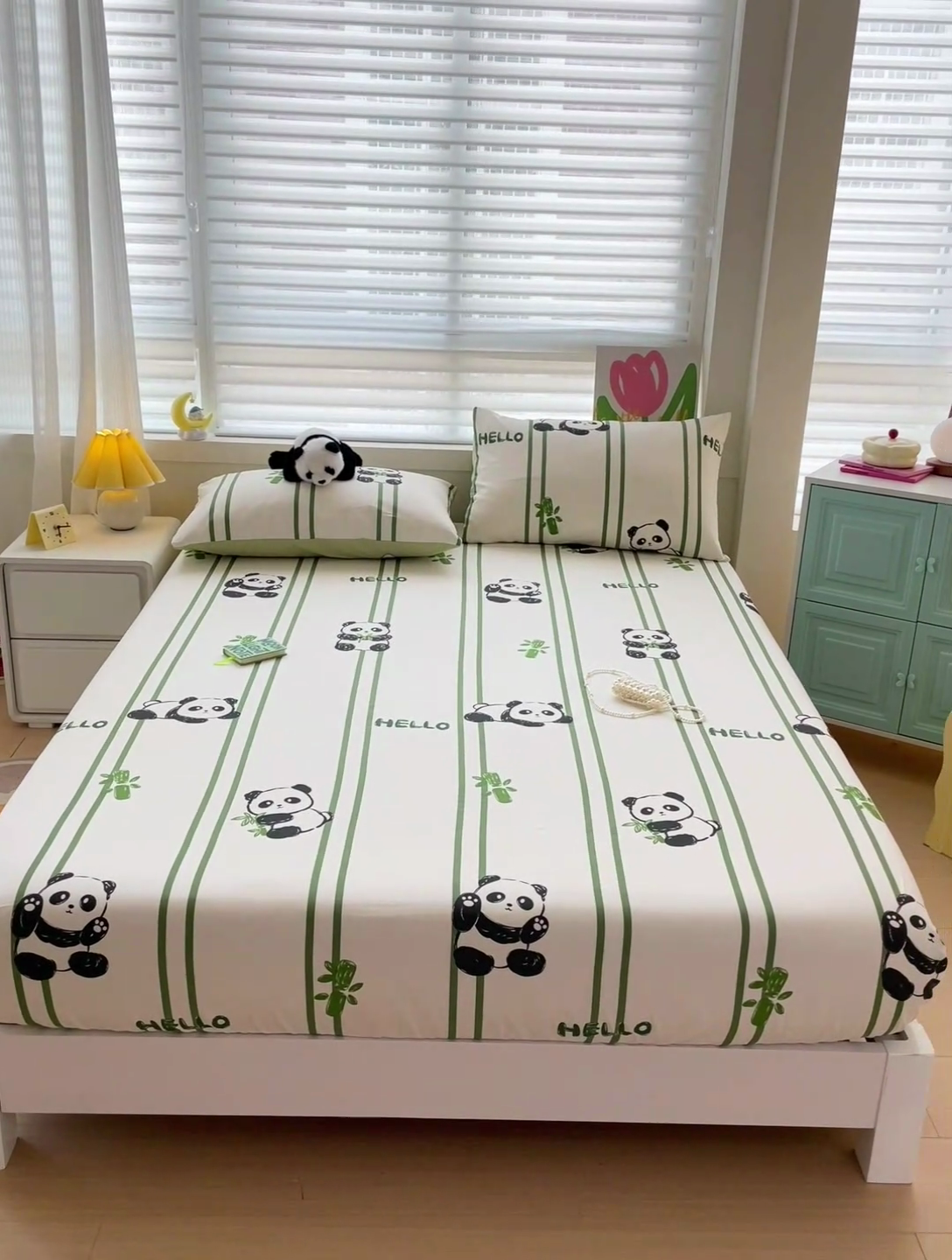 91家纺网 家纺一手货源 找家纺 名兮家居 2024新款全棉卡通印花床笠 呆萌熊猫