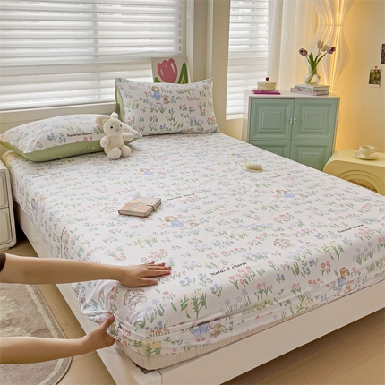 91家纺网 家纺一手货源 找家纺 名兮家居 2024新款全棉卡通印花床笠 莫奈花园