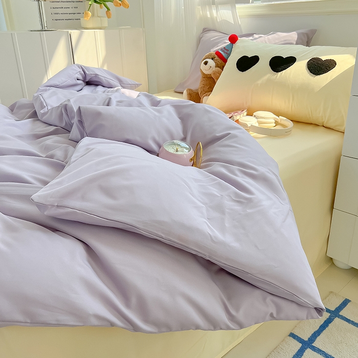 91家纺网 家纺一手货源 找家纺 眠帛家居 2024新款A类奶油风小清新毛巾绣暖心系列水洗棉床上用品三件套四件套 暖心-香芋紫