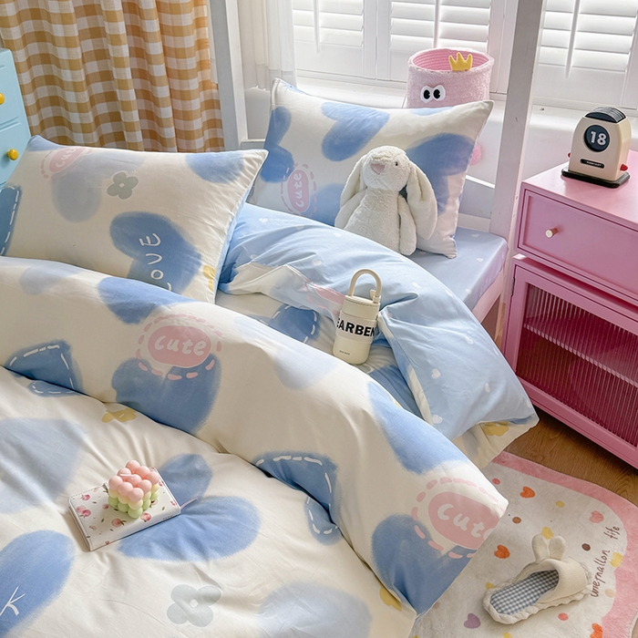 91家纺网 家纺一手货源 找家纺 富瑞阁2024新款13070学生宿舍全棉三件套 爱心蓝