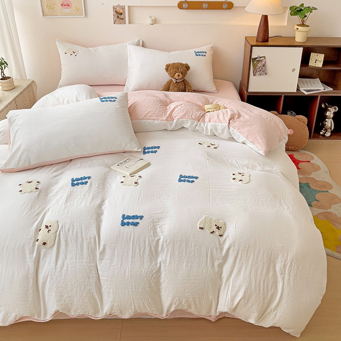 91家纺网 家纺一手货源 找家纺 韩巢家纺 2024新款四季通用超柔水洗棉毛巾绣单件被套-小白熊系列（提供卖家秀 ） 小白熊 白浅粉