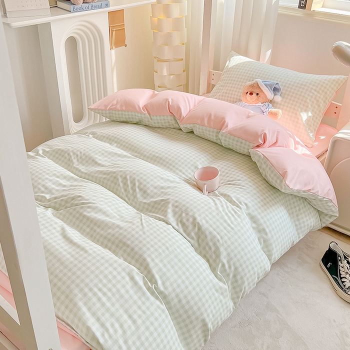 91家纺网 家纺一手货源 找家纺 眠帛家居 2024新款A类学生三件套奶油风小清新毛巾绣暖心系列水洗棉床上用品四件套 暖心-清新绿格