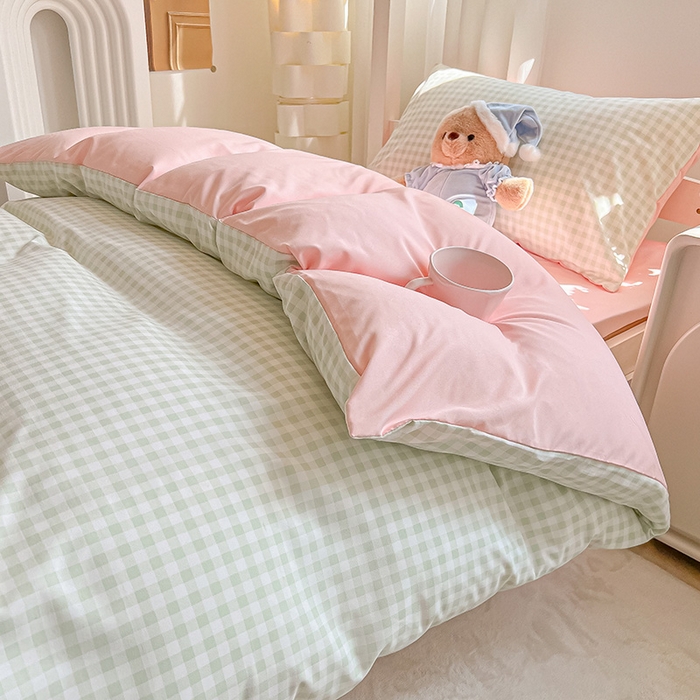 91家纺网 家纺一手货源 找家纺 眠帛家居 2024新款A类学生三件套奶油风小清新毛巾绣暖心系列水洗棉床上用品四件套 暖心-清新绿格