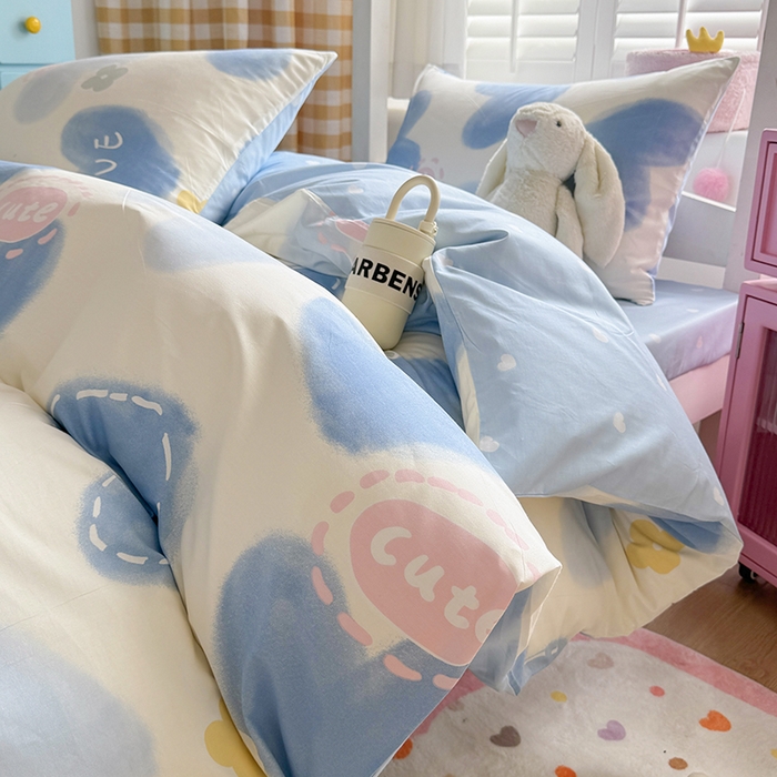 91家纺网 家纺一手货源 找家纺 富瑞阁2024新款13070学生宿舍全棉三件套 爱心蓝