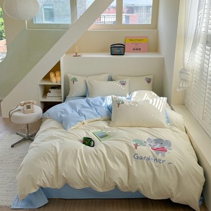 眠屿家纺 2024新款40支全棉水洗棉平绣绣花四件套 小象-白