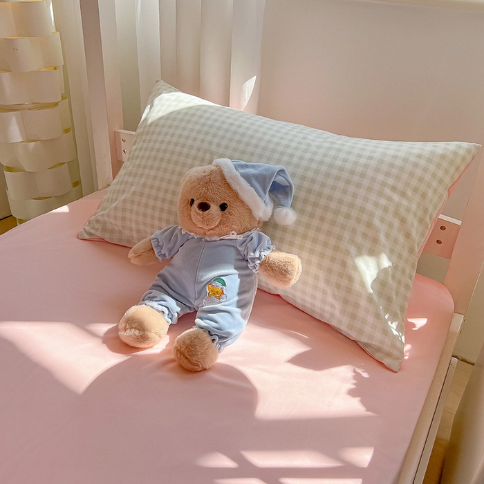 91家纺网 家纺一手货源 找家纺 眠帛家居 2024新款A类学生三件套奶油风小清新毛巾绣暖心系列水洗棉床上用品四件套 暖心-清新绿格