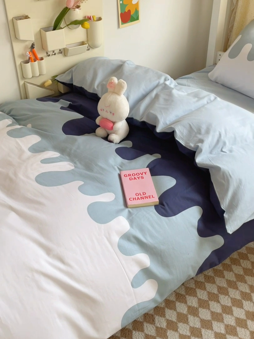 91家纺网 家纺一手货源 找家纺 金鑫汇家纺 2024新款全棉宿舍印花三件套第一批 奶油蓝