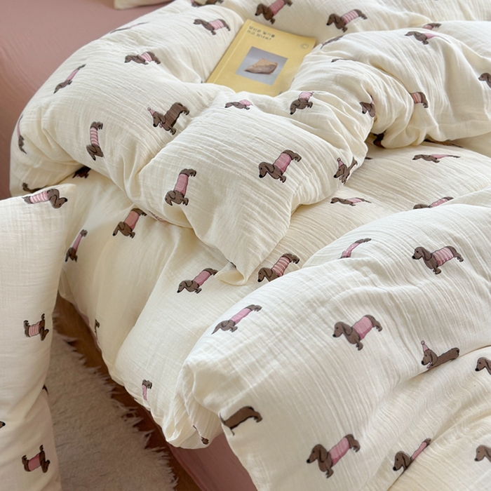 91家纺网 家纺一手货源 找家纺 萝莉家纺 2025新款全棉双层皱皱纱四件套（第三批） 腊肠狗粉