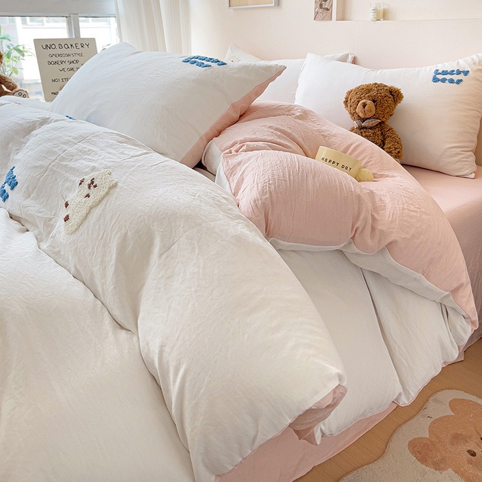 91家纺网 家纺一手货源 找家纺 韩巢家纺 2024新款四季通用超柔水洗棉毛巾绣单件被套-小白熊系列（提供卖家秀 ） 小白熊 白浅粉