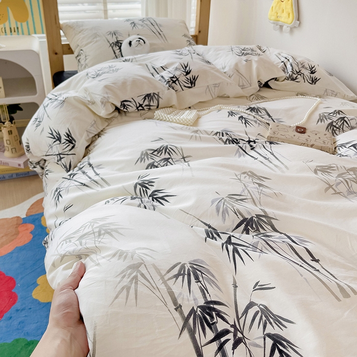 91家纺网 家纺一手货源 找家纺 梦家居 2024新款全棉简约风学生宿舍三件套 墨竹-黑色