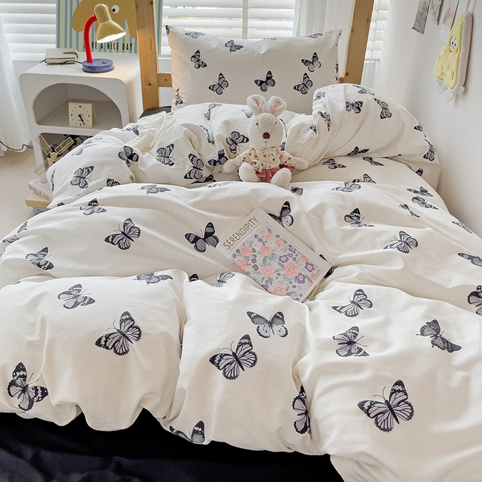 91家纺网 家纺一手货源 找家纺 梦家居 2024新款全棉简约风学生宿舍三件套 蝶影