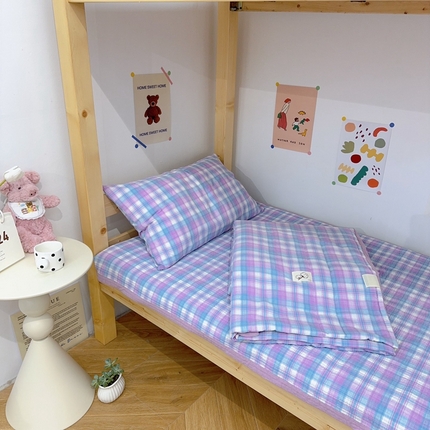 有货 2024新款水洗全棉学生大豆夏被被套床盖三件套 紫中格