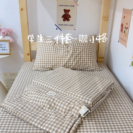 91家纺网 家纺一手货源 找家纺 有货 2024新款水洗全棉学生大豆夏被被套床盖三件套 咖小格
