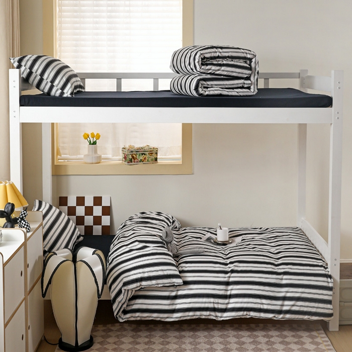 91家纺网 家纺一手货源 找家纺 梦家居 2024新款全棉简约风学生宿舍三件套 黑白条纹-黑