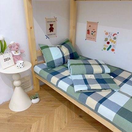 有货 2024新款水洗全棉学生大豆夏被被套床盖三件套 绿大格