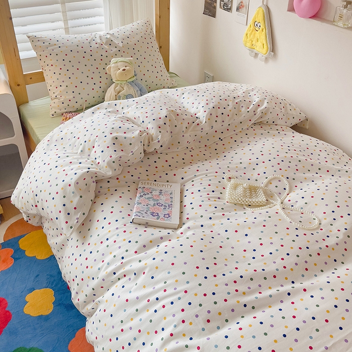 91家纺网 家纺一手货源 找家纺 梦家居 2024新款全棉简约风学生宿舍三件套 彩色点点