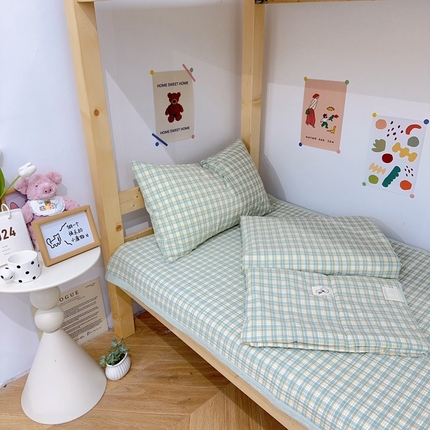 有货 2024新款水洗全棉学生大豆夏被被套床盖三件套 绿中格