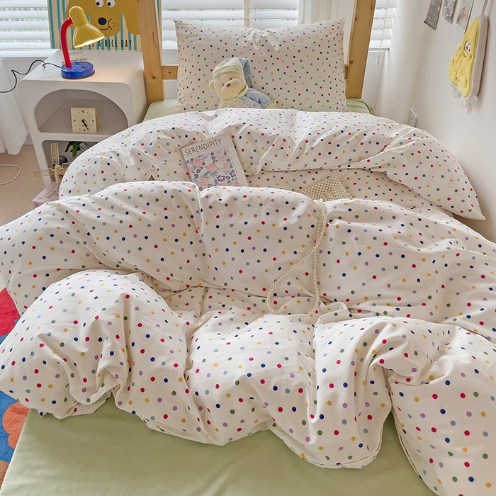 91家纺网 家纺一手货源 找家纺 梦家居 2024新款全棉简约风学生宿舍三件套 彩色点点