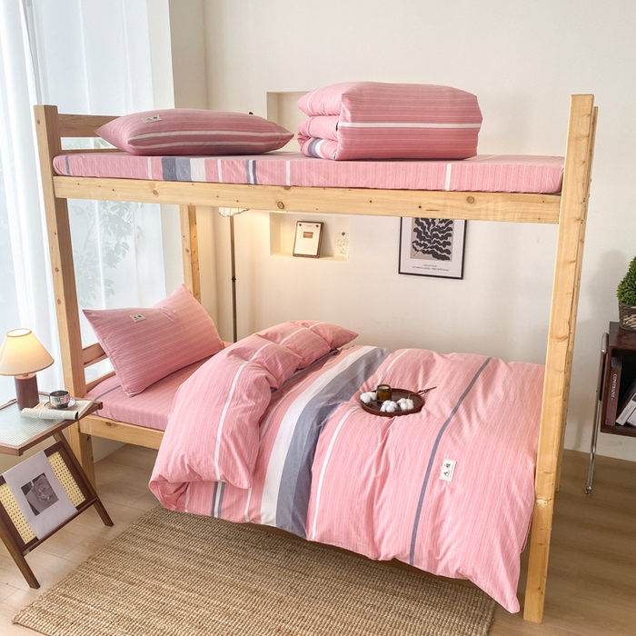 91家纺网 家纺一手货源 找家纺 21度C 2024新款色织全棉水洗棉学生三件套 豆蔻粉