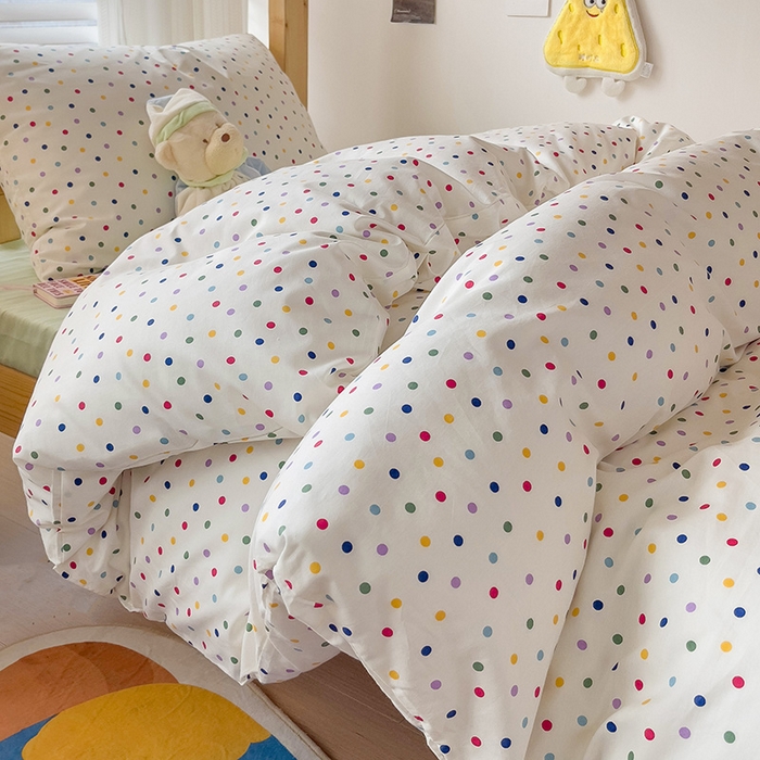 91家纺网 家纺一手货源 找家纺 梦家居 2024新款全棉简约风学生宿舍三件套 彩色点点