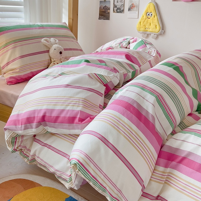 91家纺网 家纺一手货源 找家纺 梦家居 2024新款全棉简约风学生宿舍三件套 彩虹条纹