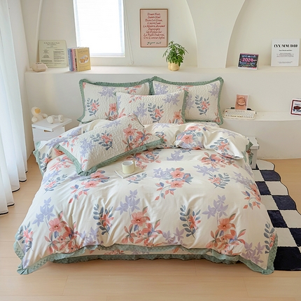 91家纺网 家纺一手货源 找家纺 百寐 2024新中式全棉韩版花边床盖四件套单床盖单被套 时光剪影