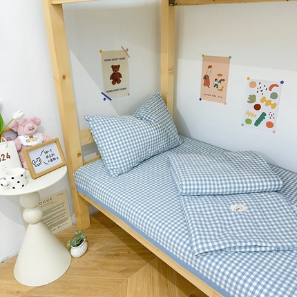 有货 2024新款水洗全棉学生大豆夏被被套床盖三件套 蓝小格