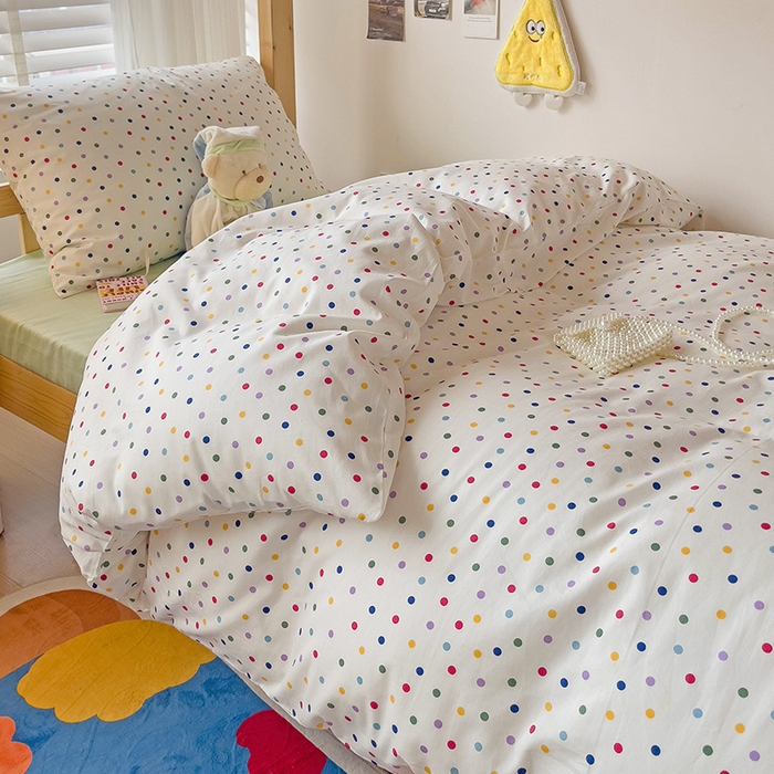 91家纺网 家纺一手货源 找家纺 梦家居 2024新款全棉简约风学生宿舍三件套 彩色点点