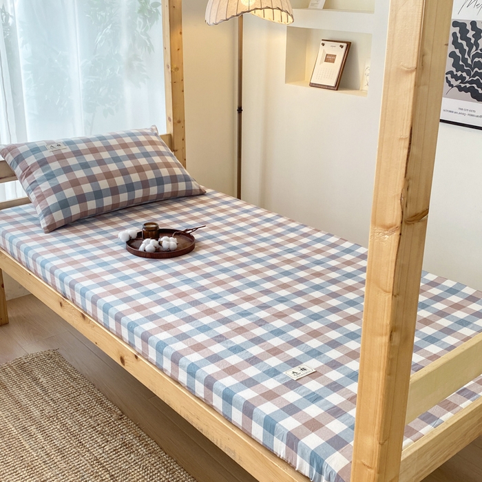 91家纺网 家纺一手货源 找家纺 21度C 2024新款色织全棉学生床笠 蓝咖格