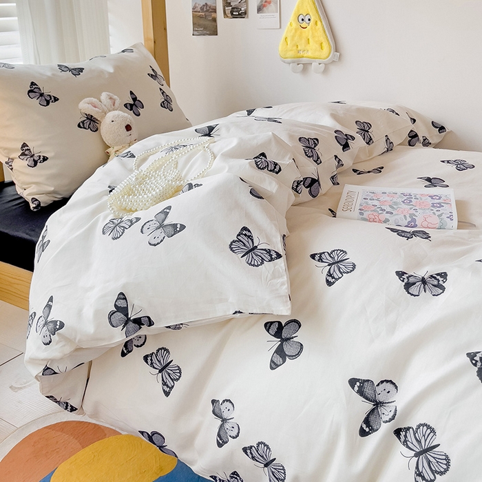 91家纺网 家纺一手货源 找家纺 梦家居 2024新款全棉简约风学生宿舍三件套 蝶影