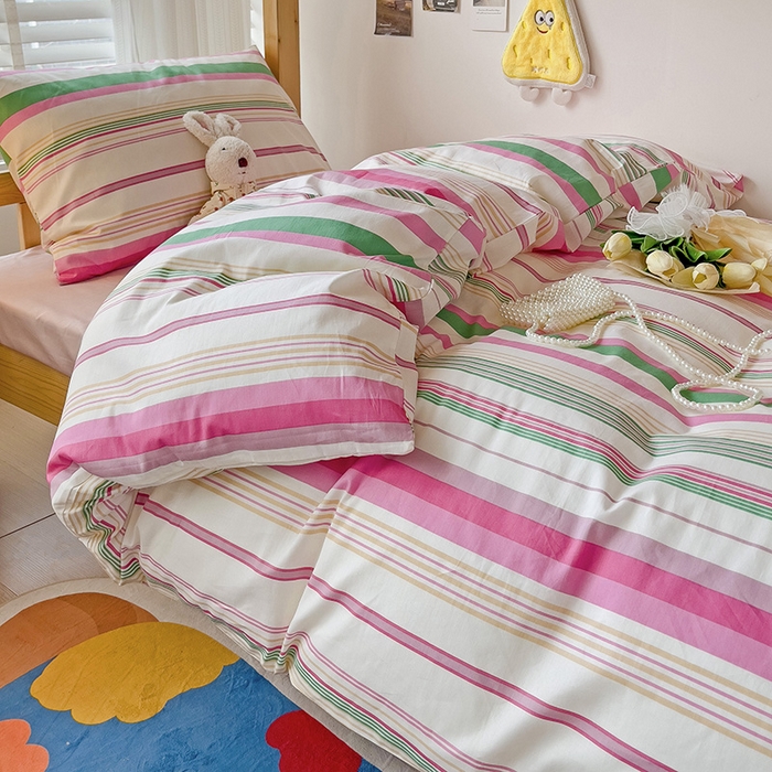 91家纺网 家纺一手货源 找家纺 梦家居 2024新款全棉简约风学生宿舍三件套 彩虹条纹