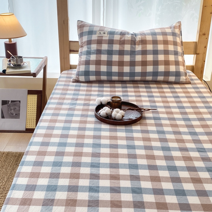 91家纺网 家纺一手货源 找家纺 21度C 2024新款色织全棉学生床笠 蓝咖格